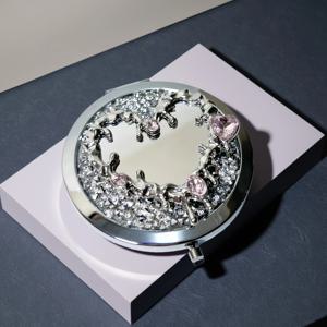 TEMU 실버 글리터 컴팩트 포켓 미러, 여성용 여행용 미니 핸드백 거울, 럭셔리 라인스톤 인레이, 리퀴드 하트 헤비 메탈 펑크 스타일, 라운드 휴대용 2배 확대 접이식 거울