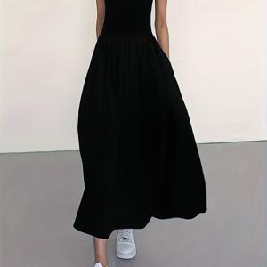 TEMU 여성용 캐주얼 민소매 미디 드레스, 라운드넥, 솔리드 컬러, 플리츠 A라인 스커트, 사계절 착용 가능