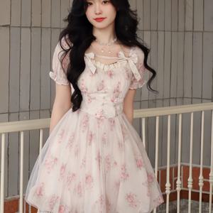 TEMU 신상 여름 여성 드레스, 핑크 플로럴 숏 스커트와 귀여운 리본 장식, 짧은 메쉬 소매