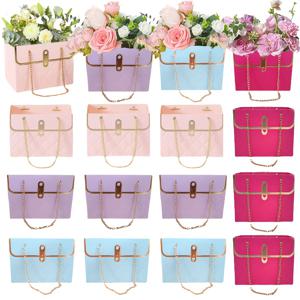 TEMU 16개 종이 꽃 선물 가방 손잡이 포함, 직사각형 메탈 체인 핸드백, 꽃집 장식 웨딩 파티 생일용, 핑크/보라/파랑/장미 빨간색, 각 색상 4개