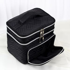 TEMU 대용량 퀼트 메이크업 파우치 - 핸들 및 지퍼 포함, 다기능 이중 레이어 여행 화장품 정리함, 남녀 공용 휴대용 세면 도구 보관함 | 실버 지퍼 블랙 패브릭, 홈 & 여행용 스타일리시 디자인, 편리한 구획이 있는 오버사이즈 메이크업 파우치
