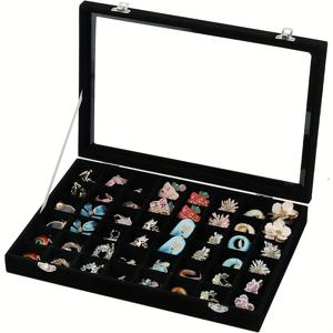 TEMU 48칸 보석 트레이, 조절 가능한 귀걸이 홀더 및 유리 뚜껑, 벨벳 서랍으로 보석 정리 가능, 반지 및 스터드에 적합, 크기: 13.77 X 9.44 X 2인치, 여성 선물로 완벽