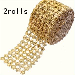 TEMU 2롤 골든 선플라워 같은 라인스톤 스파클 메쉬 리본 - 반짝이는 골드, 웨딩 , 파티 장식, 플로럴 아레인지먼트 - 우아한 선물 포장 & 홈 데코, 합리적인 럭셔리 공예용 리본, 꽃다발용 리본, 장식 트림, 고품질 트림, 이벤트 플래너