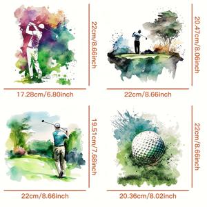 TEMU 4개 세트 수채화 골프 테마 열전사 스티커 - 티셔츠, 가방, 의류 및 추가 장비에 적합한 다리미 부착 데칼, 비닐 재질의 만화 골프 디자인, 평면 2D 스타일, 골프 관련 용품에 적합