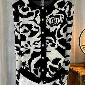 TEMU 2025 가을/겨울 신상 패셔너블 빈티지 흑백 컬러 블록 자카드 긴소매 크루넥 스트리트 스타일 영하고 활용도 높은 가디건 재킷