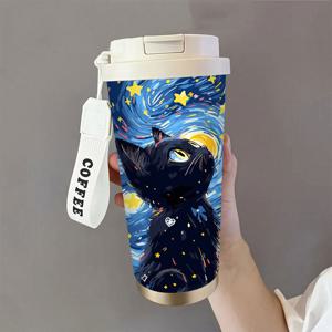 TEMU 1개 반 고흐 별이 빛나는 밤 보온 커피 머그컵 - 18oz 스테인리스 스틸, 내구성 강화, PVC 프리, 뜨거운 음료 및 차가운 음료에 적합, 집, 사무실 또는 선물용으로 완벽, 커피 바 액세서리, 커피 바 액세서리