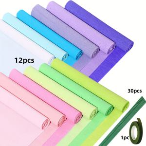 TEMU 꽃 장식용 크레페 종이 대량 - 12가지 밝은 색상 (9.8 X 49인치), 녹색 줄기 30개 및 꽃 테이프 포함 | 선물 포장, 파티 장식 및 공예 프로젝트에 적합