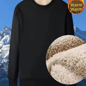 TEMU 플러스 벨벳 따뜻한 긴팔 | 캐주얼 스포츠 가을/겨울 상의, 스키니 핏, 크루넥, 단색, 레귤러 슬리브, 풀오버 스타일, 남성용