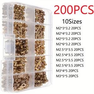 TEMU 200개 플라스틱용 나사산 인서트 M2 M2.5 M3 열가열 인서트 메트릭 황동 노치 너트 인서트 3D 프린팅 부품용