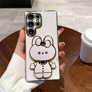 TEMU 휴대폰 케이스 - 은은한, 슬림, 충격 방지 전기 도금 휴대폰 케이스, 숨겨진 화장 거울 및 리본 매듭 토끼 디자인, 삼성 갤럭시 S25U, S24 울트라, S23, S22 FE 및 S24+ 플러스에 적합. 할로윈, 크리스마스 선물로 이상적입니다.