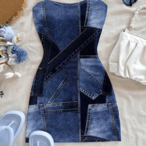 TEMU 레트로 스타일의 블루 & 네이비 프린트 드레스. 캐주얼, 리조트, 섹시, 귀여운, Y2K 코코넛, , 나우티컬 감성으로 여름에 완벽합니다. 여름 시즌에 여성용 미니 드레스로 이상적입니다.