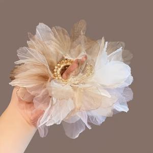 TEMU 새로운 스타일 여성용 우아한 라이트 핑크 샴페인 하이 헤어 타이 1개, 시트 플라워 포니테일 홀더 포함, 데이트 및 외식에 완벽