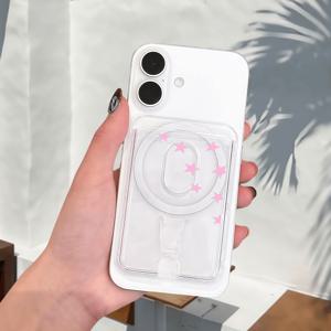 TEMU 투명 UV 프린팅! 자석 카드 홀더 가젯 – 아이폰, 삼성, 샤오미 등과 호환, 즉시 부착 및 사용 가능. 핑크 별이 있는 투명 카드 슬롯 디자인의 꿈결 같은 여성스러운 스타일. 휴대용 출퇴근에 필수 아이템