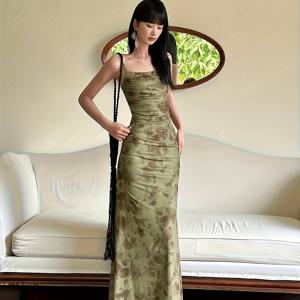 TEMU 여성용 신상 중국풍 그린 메쉬 플로럴 멜빵 드레스 - 여름 디자인 고급스러운 웨이스트 힙 피쉬테일 롱 스커트