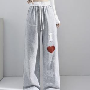 TEMU High-Waisted Contrast Color Straight-Leg Casual Sport Sweatpants for Women, New Spring Autumn Winter Style with Heart and Flower Embroidery, Loose Floor-Length Wide-Leg Pants