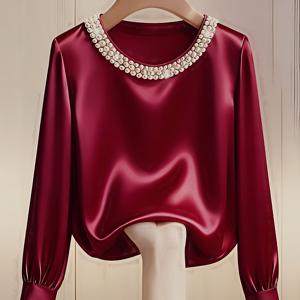 TEMU 여성용 우아한 라운드넥 진주 장식 긴팔 셔츠, 출근용으로 적합