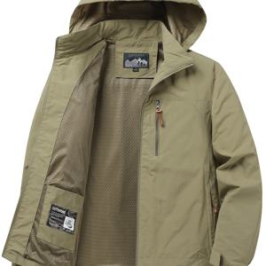 TEMU 남성용 방풍 소프트 쉘 지퍼업 재킷 (봄/가을용), 캠핑, 여행, 스포츠 및 야외 활동에 적합, 탈착식 후드 포함