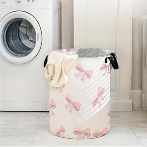 TEMU 핑크 리본 패턴 프린트 수납 박스, 접이식 대용량 수납 바구니, 방 장식용, 침실, 다목적 원형 수납 박스, 범용 룸 매칭, 편리한 빨래 바구니
