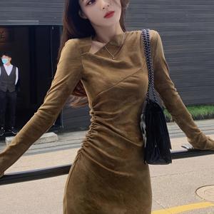 TEMU 레트로 라이트 럭셔리 엘레강스 비대칭 칼라 긴팔 원피스 여성용 여름 허리 슬림핏 보디콘 롱 스커트