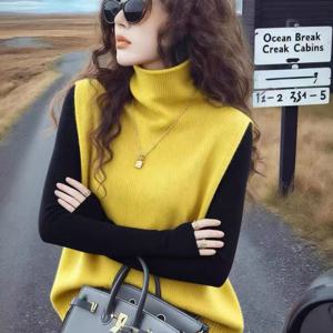 TEMU 고급 대비 색상 터틀넥 조끼 여성용 2025 가을 신상 소프트 왁스 스타일 노화 방지 슬리밍 탑