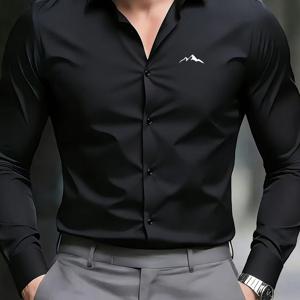 TEMU 남성용 업무용 다림질 필요 없는 긴팔 셔츠, 설산 프린트, 슬림핏 전문가용 정장, 면접 및 출퇴근용 활용도 높은 단색 셔츠