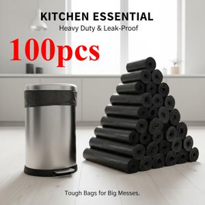 TEMU 100개입 블랙 쓰레기 봉투 5팩 - 경제적 사이즈, 내구성 PE 소재, 누수 방지 및 냄새 차단 | 주방, 거실, 침실, 욕실, 사무실용 다목적 일회용 플라스틱 봉투 | 누수 방지 및 무취, 할로윈, 크리스마스 및 기타 명절에 이상적