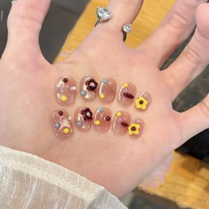 TEMU 10개입 핑크 블러쉬 옴브레 캣아이 귀여운 카툰 젤리 텍스처 인조네일, 컬러풀 비즈 & 작은 꽃 장식, 반짝이는 광택 데일리 데이트용 네일