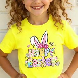 TEMU 여아용 캐주얼 핑크색 부활절 티셔츠, 벌과 토끼 귀 만화 프린트 | 레귤러 핏, 크루넥, 약간의 스트레치 원단, 여름 시즌