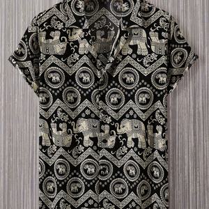 TEMU 여름 민족 스타일 코끼리 요소 동남아 휴가 캐주얼 반팔 쿠바 칼라 셔츠 남성용 상의