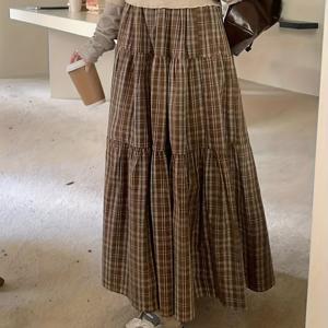 TEMU 세련된 체크무늬 케이크 스커트, 봄/가을용, 빈티지 와이드 밑단, 힙라인 가림을 위한 루즈핏, 안감이 있는 미디엄 레인지 디자인
