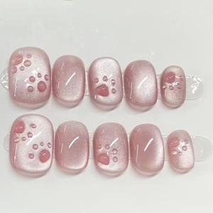 TEMU 10개 핑크 고양이 발톱 프레스온 네일, 핸드메이드 짧은 사각형 모양 광택 마감, 순수한 색상 반사 인조 네일 패치, 빠른 네일 메이크오버|재미있는 디자인|광택 인조 네일