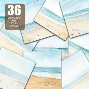 TEMU 해변 풍경 일러스트레이션, 흩어진 조개로 덮인 부드러운 모래, 바다가 해안을 애무하는 잔잔한 파도, 수채화 질감의 연분홍색과 푸른 하늘, 배경지, 편지지 디자인, 수제 인사말 카드, DIY 콜라주, 앨범 커버, 어린이 그림, 장식용 페인팅 디자인, 창의적인 책갈피 등에 적합합니다. 사양: 5.9*5.9 인치, 36장