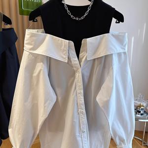 TEMU 여성용 2-in-1 룩 오프숄더 셔츠 탑, 봄 루즈핏, 은은한 패치워크가 있는 고급 디자인, 트렌디한 블라우스