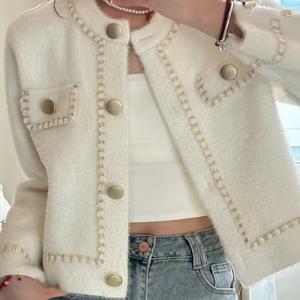 TEMU 화이트 셀럽 인품 하이엔드 패션 감각, 작은 향기 스타일 긴팔 니트 재킷 여성용 신상 클래식 이지 라운드넥 긴팔 탑