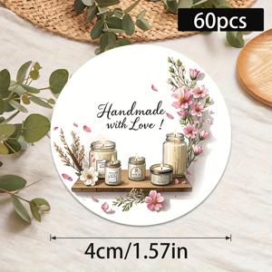 TEMU 수제 원형 스티커 60개입 - 부드러운 파스텔 플로럴 및 캔들 디자인 (베이지/핑크/화이트) - 웨딩 장식, 공예, 선물 태그, 스크랩북 - 빈티지 로맨틱 스타일 - 고품질 인쇄, 내구성 좋은 소재의 대용량 팩