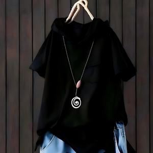 TEMU 여성용 캐주얼 후드 티셔츠 - 디스트레스 블랙 반팔, 루즈핏 & 프론트 포켓 | 세탁기 사용 가능 사계절 편안함 | 엘레강스 컬렉션, 데일리 웨어, 도시 패션, 통기성 원단, 포켓 티