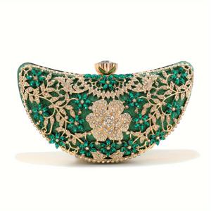 TEMU 그린 컬러 여성용 라인스톤 할로우 아웃 스타일 클러치 달 디자인 웨딩 글리터 럭셔리 레이디 브라이덜 핸드백 메탈 체인 핸드백
