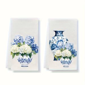 TEMU 2개입 블루 생강 병 주방 행주, 블루 중국 스타일 티 타월, 블루 수국 주방 장식 핸드 타월 선물, 친구 및 가족을 위한 휴일 선물, 결혼식 휴일 홈 홈 데코레이션에 적합