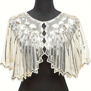 TEMU 빈티지 1920년대 스팽글 드레스 숄, 자수 레이스 장식, 우아한 레트로 숄, 다용도 스팽글 및 비즈 재킷, 통기성 좋은 여성 패션 가디건, 파티 및 이브닝 가운에 완벽한 추가 아이템