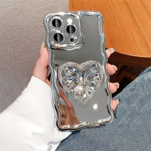 TEMU 고급 귀여운 코팅된 거울 소프트 폰 케이스 아이폰 14 15 프로 맥스 12 프로 13 11용 반짝이는 사랑의 하트 브래킷 충격 방지 뒷면 커버