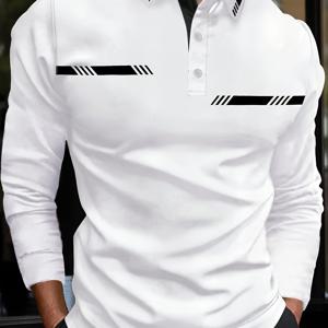 TEMU 추수감사절, 크리스마스, 새해, 파티, 남성용 폴로 셔츠, 흰색 프린트 패턴 골프 셔츠, 칼라, 아웃도어, 스트리트 스타일, 긴소매 버튼업, 가을을 위한 패셔너블한 스트리트웨어, 부드러움