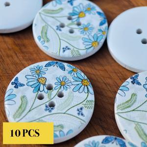 TEMU 10/20개 화이트 네 구멍 나무 단추, 녹색 잎, 파란색과 노란색 꽃, 보라색 나비 그림 패턴, 30mm, 다양한 수공예, 코트, 스웨터, 모자, 가방 장식용