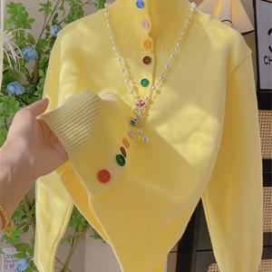 TEMU 2024 인터넷 핫템 스트리트웨어 브랜드 여성 의류, 슈퍼 스타일리시 하이넥 컬러풀 버튼 스웨터 가디건, 여신 스타일 하이엔드 긴팔 탑, 올해 트렌디하고 예쁜 데일리웨어 가디건