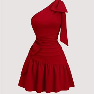 TEMU 아сим메트릭 넥라인 미니 드레스, 리본 장식, 오프숄더 디자인, 큰 리본 장식, 스위트하고 귀여움, 데이트, 외출, 사진 촬영에 완벽, 여성용 드레스, 아름답고 몸매 드러나는 허리, 크리스마스에 적합