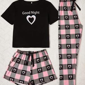 TEMU 그레이와 레드 플레드 러브 프린트 여성 캐주얼 파자마 세트, 짧은 소매, 반바지, 긴 바지 3피스