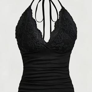 TEMU 우아한 Y2K 스타일 V넥 홀터 탑, 레이스 트림 - 올 시즌