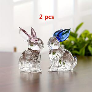 TEMU 2개 세트, 고급스러운 수제 유리 토끼 피규어 (빨간색 및 파란색 귀 포함) - 집, 사무실 책상 및 정원용으로 훌륭한 다기능 장식, 정교한 디테일과 반짝이는 액센트가 특징입니다.