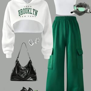 TEMU 하이스코어링 여아용 패션 스트리트웨어 세트: 후드 풀오버 레터 프린트 반팔 스웨트셔츠 + 활용도 높은 화이트 캐미솔 + 그린 긴 바지, 스타일리시하고 우아함, 데일리 선물용, 봄/가을 세트, 야외 활동에 적합