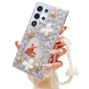 TEMU 휴대폰 케이스 - 아이폰 16 프로맥스, 17/17프로/17프로맥스/13/15플러스/15/11/13프로/14/16/12 충격 방지, 삼성 S25/S24 울트라/S24 플러스/A14/A13/A15 호환, 화려하고 우아한 라인스톤 곰돌이/ 나비/하트 거울 휴대폰 케이스