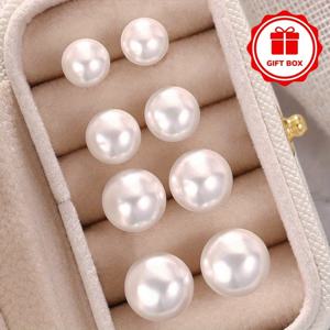 TEMU 4쌍/세트 여성용 보석 세트 클래식 화이트 모조 진주 귀걸이 신부 결혼식 연회 우아한 귀걸이 선물 섬세한 보석 보관함 일상 캐주얼 착용에 적합 데이 생일 선물 보석 상자 포함